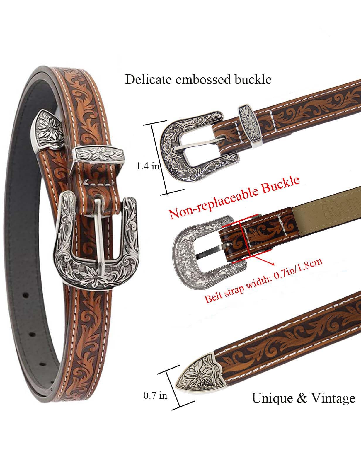 TOPACC Girls Western Belts for Women Brown Cowgirl Belt Cowboy Floral Embossed Thin Skinny Belt for Jeans Dresses Country Concert Outfit