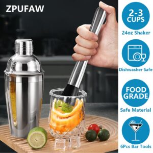 ZPUFAW 6-Piece Cocktail Shaker Set 24oz Shaker Strainer Muddler Jigger Mixing Spoon Pour Spout Bartender Kit Stainless Steel Bar Set Housewarming Gift