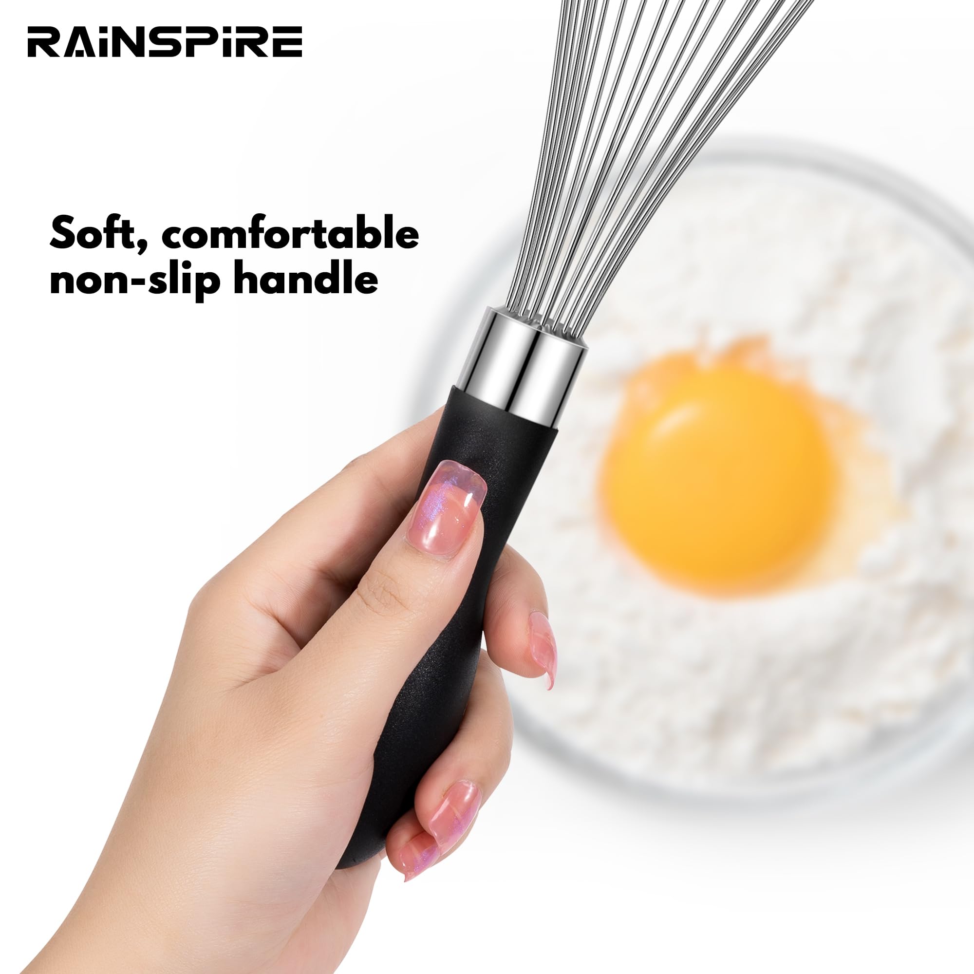 Rainspire 12-Inch Wire Whisk Stainless Steel, Balloon Whisks for Cooking, Wisk Wisking Tool With Soft Silicone Handle, Thick Durable Whisker for Blending, Beating, Whisking, Stirring, Black