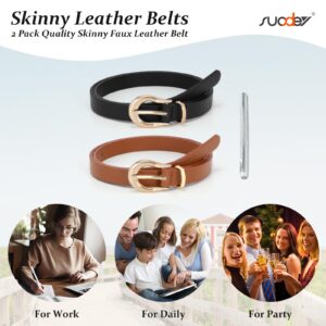 SUOSDEY 2 Pack Women Skinny Belt Thin Waist Belt Black Brown with Fashion Gold Buckle for Pants Jeans Dresses