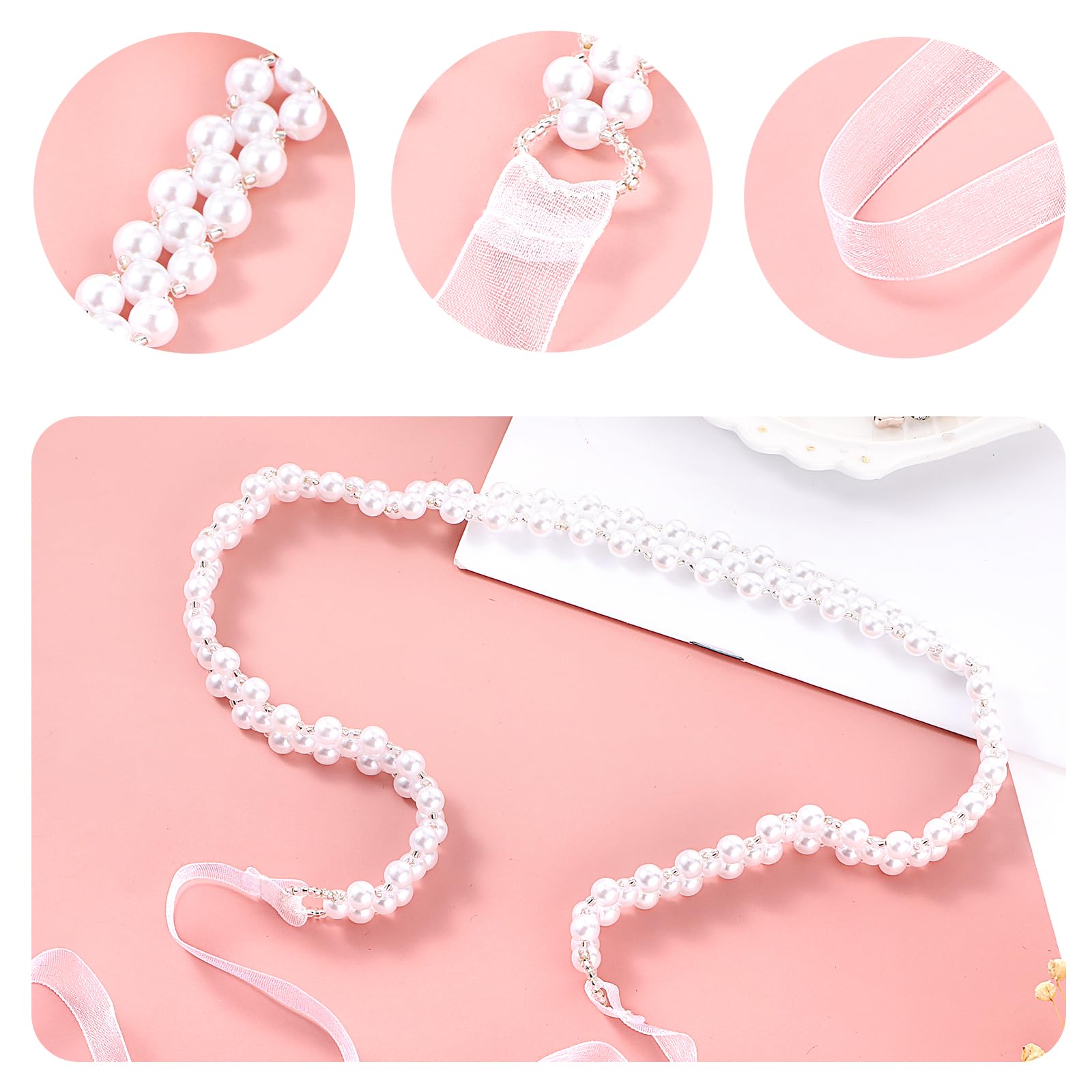 Amaxiu Women Skinny Pearls Belts, Bridal Wedding Waist Belt Bridesmaid Waistband Adjustable White Ribbon Belt for Dress