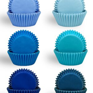 qiqee 300 Counts Cupcake Liners Cupcake Cups Food Grade 6 Solid Blue Colors Cupcake Papers Muffin Baking Cups Cupcake Wrappers (Standard Size)