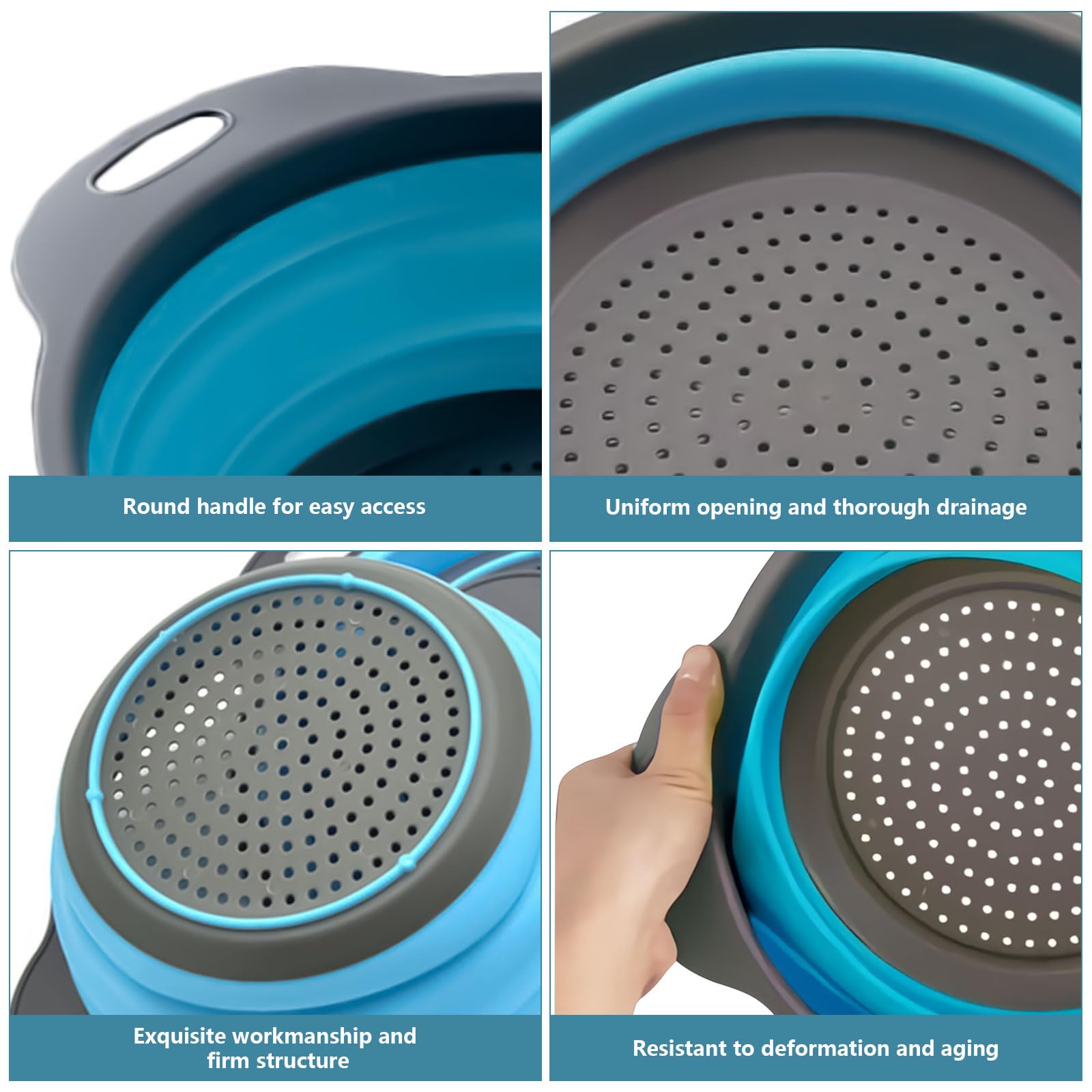 3 Piece Collapsible Colander Set - Round Silicone in Kitchen Food Strainers Drainer Basket Blue for Draining Pasta Vegetables Fruits (Blue)