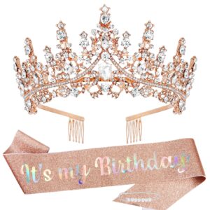 TOBATOBA It's My Birthday Sash Birthday Tiara and Crown for Women Girls Rose Gold Glitter Birthday Sash Crystal Princess Tiara Queen Crown Quinceanera Crown Birthday Decoration Birthday Gift