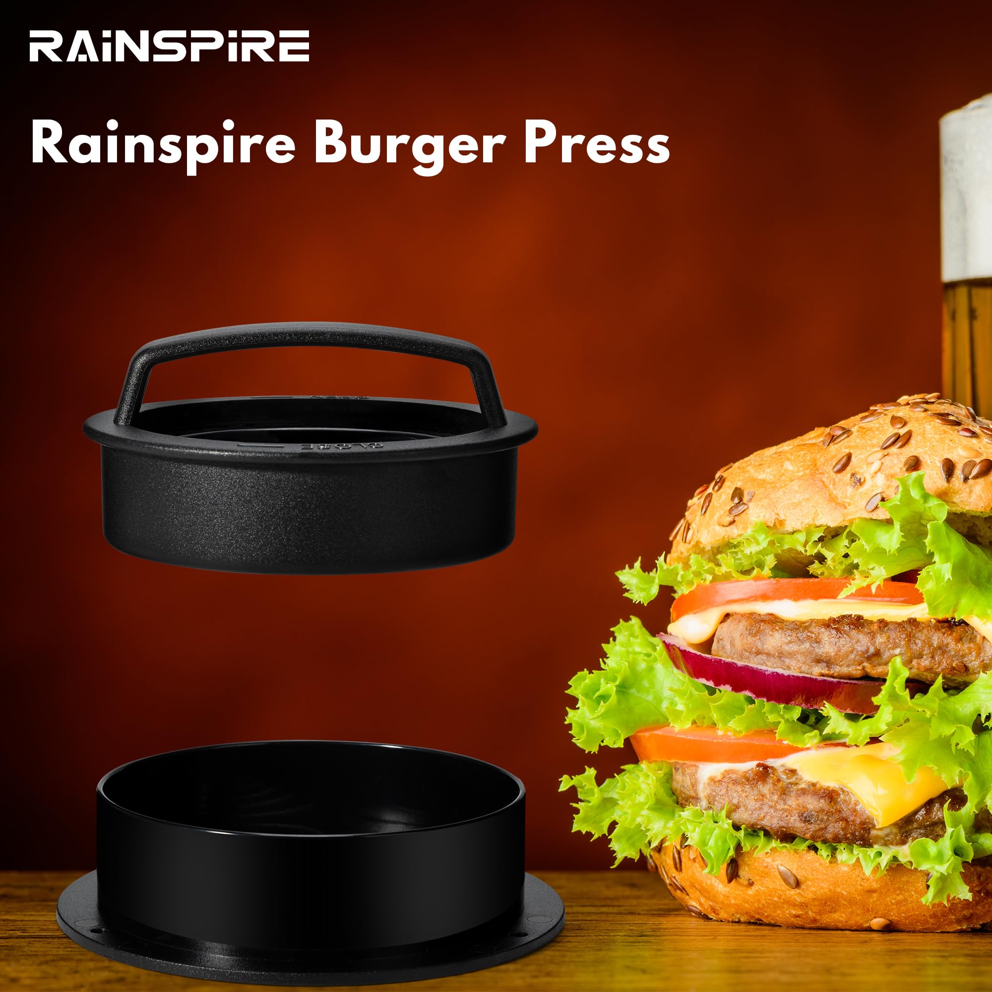 Rainspire Hamburger Press Patty Maker, 3 in 1 Non-Stick Burger Press Patty Maker, Hamburger Patty Maker, Burger Patty Maker, Patty Press for Stuffed Burgers, Sliders, Beef Burger, Black