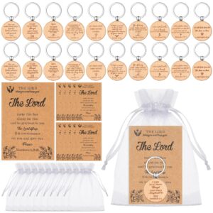 Siifert 50 Sets Christian Gifts Set Include Wooden Bible Verse Keychain Inspirational Scripture Cards with Bible Verses and White Organza Bags for Men Women Office School Church Supplies (Round)