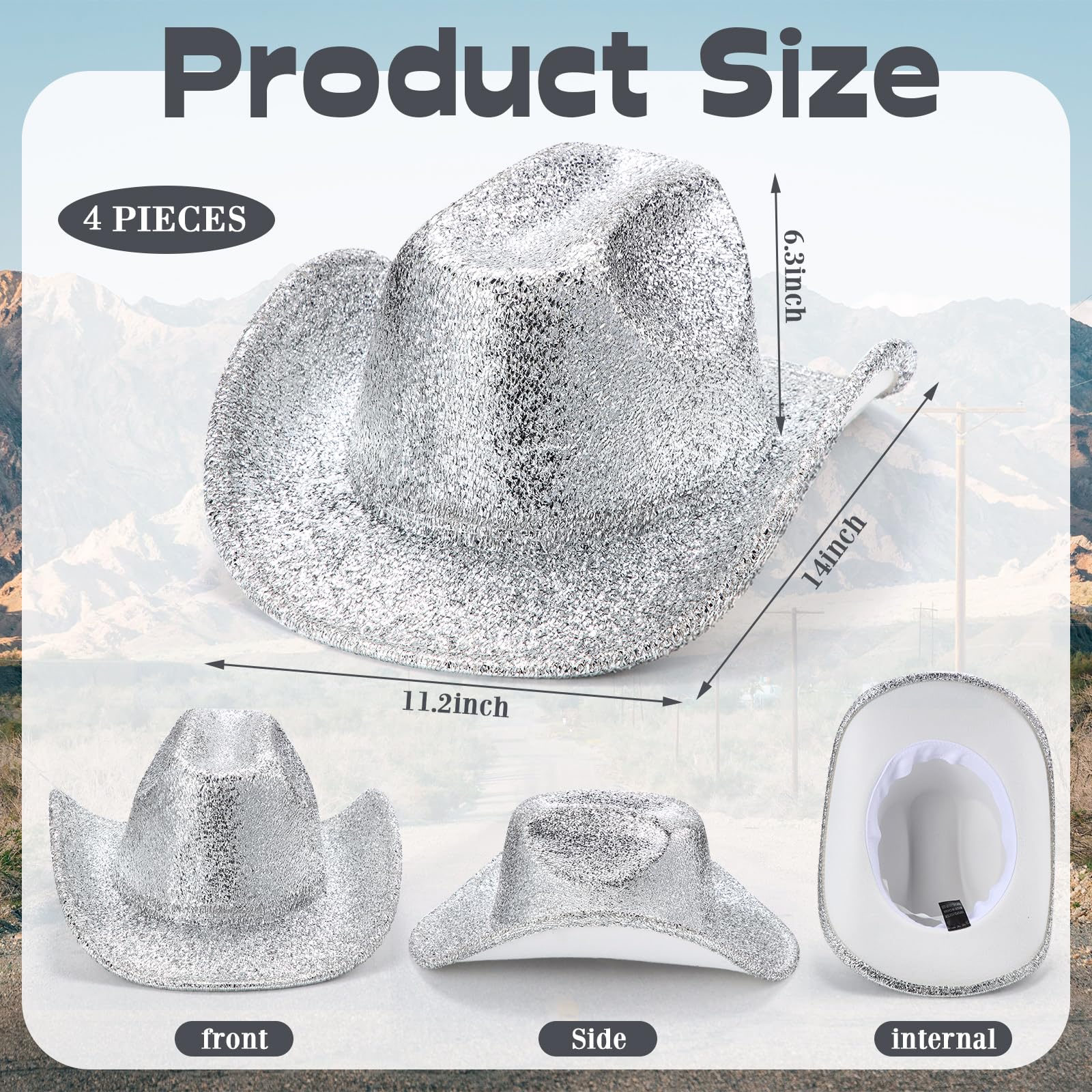 Breathffy 4 Pcs Silver Cowboy Hat Felt Western Cowgirl Hat with Wide Brim Classic Disco Cowboy Hat for Women and Men