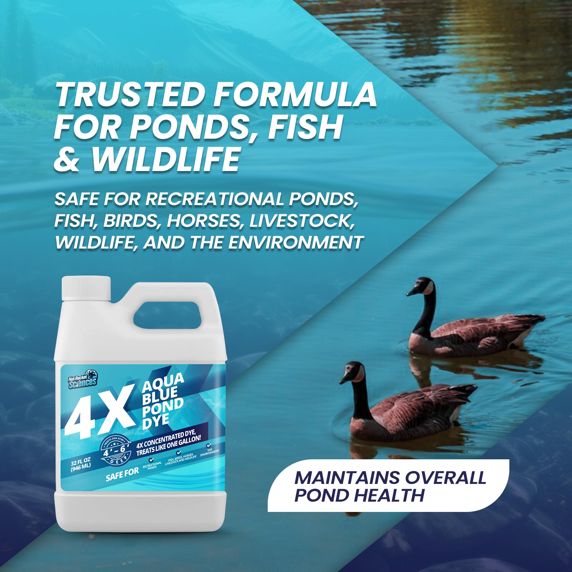 Aqua Blue Pond Dye 4X Concentrate, Lake & Pond Dye Blue for Aqua Blue Water, Ideal Pond Blue Dye & Lake Colorant, Aquashade Pond Dye That Protects Against Sunlight, Safe for Fish & Wildlife, 32 oz