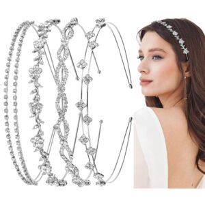 wovowovo 4 pcs rhinestone headbands for women silver bridal headband crystal flower girl headpiece flower leaf tiara crown head band wedding hair accessories for girls