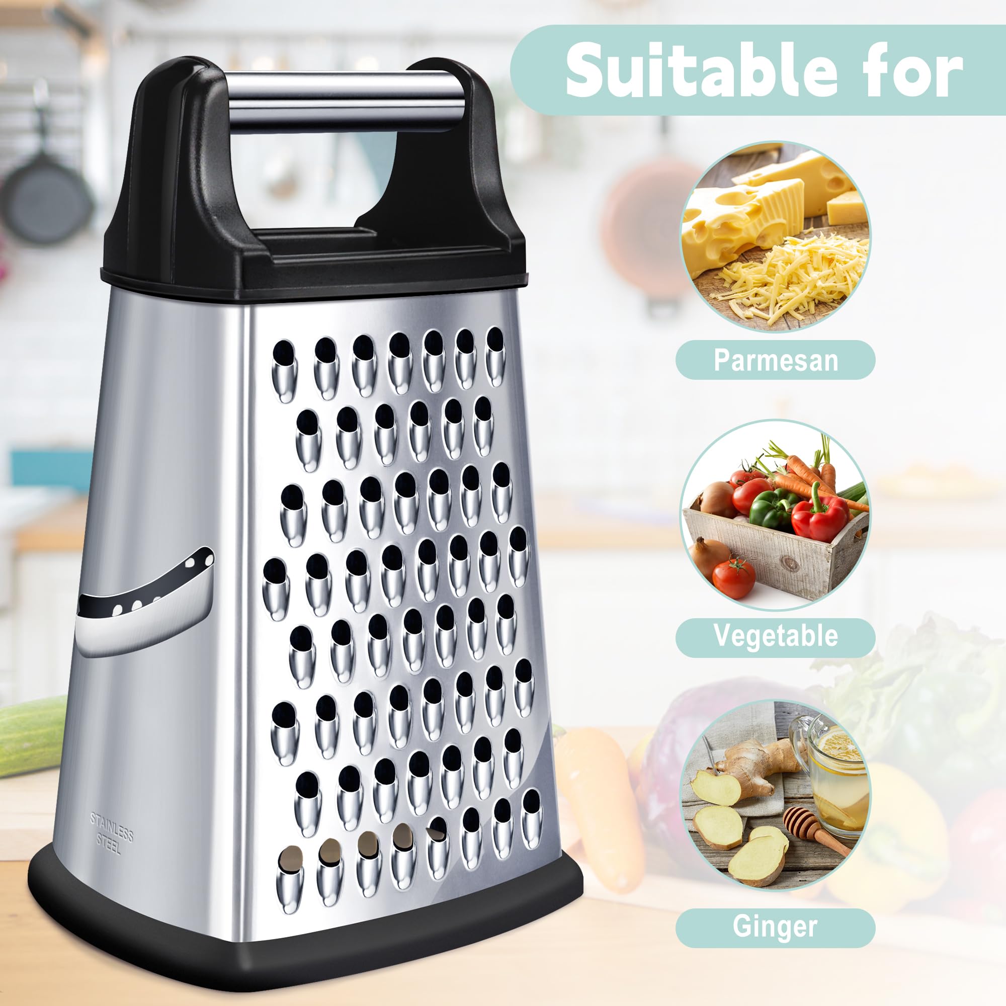 Kaishun Professional Cheese Grater, XL Size 4-Sided Stainless Steel Box Grater, Food Shredder for Cheese, Parmesan, Vegetable, Dishwasher Safe, Black