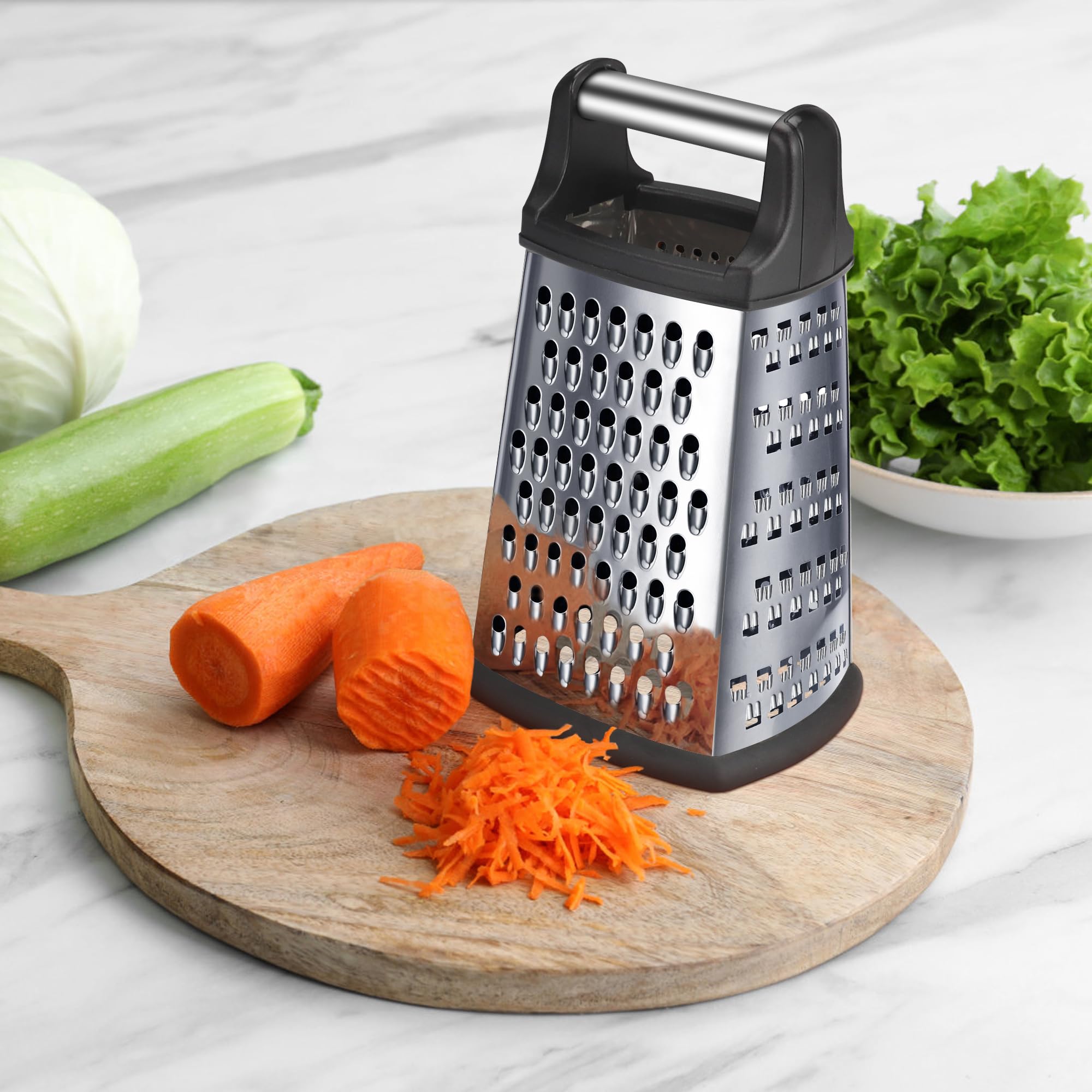 Kaishun Professional Cheese Grater, XL Size 4-Sided Stainless Steel Box Grater, Food Shredder for Cheese, Parmesan, Vegetable, Dishwasher Safe, Black