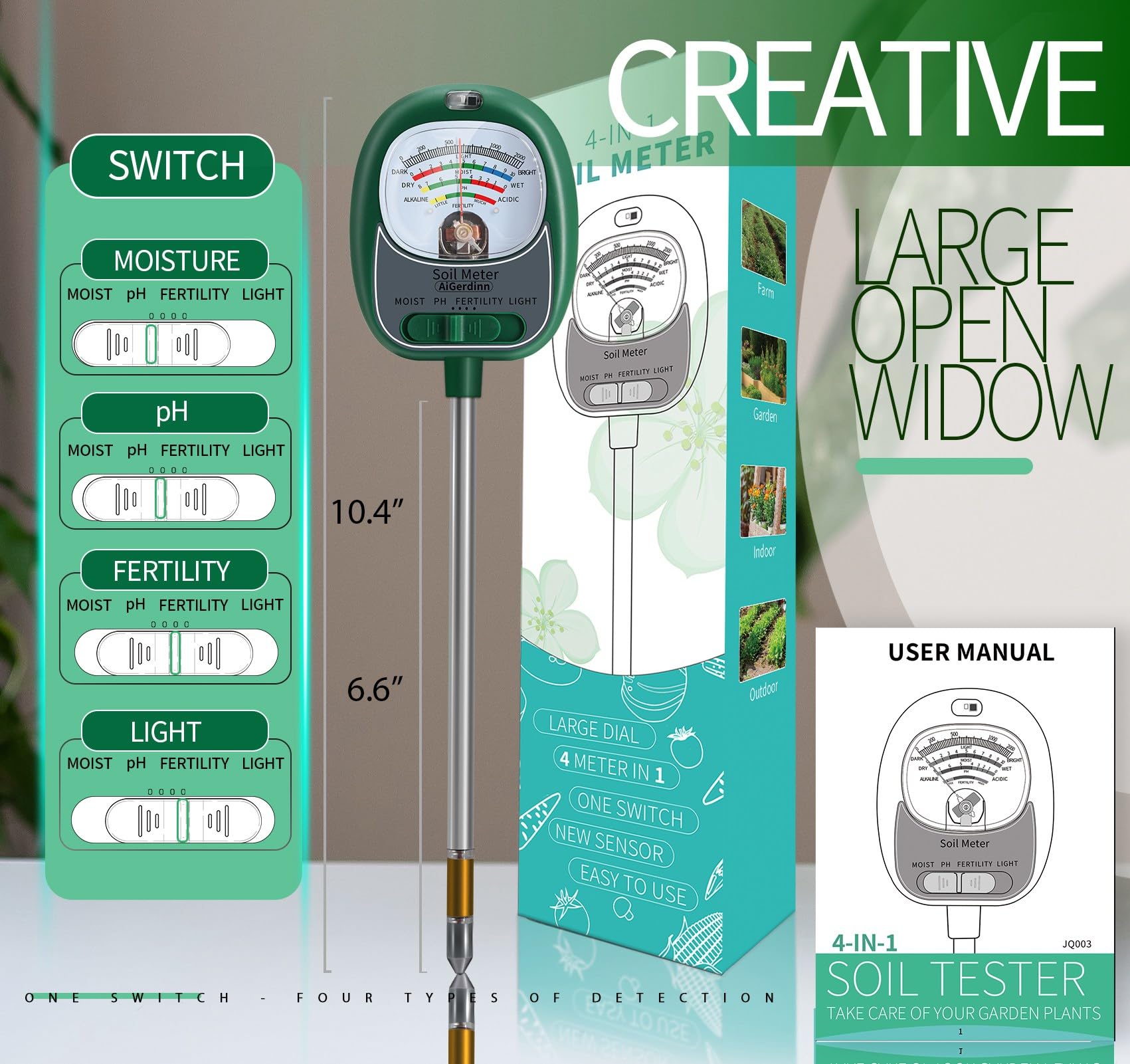 AiGerdinn Soil Test Kit, Soil Moisture Meter/Light/Fertility/Soil PH Meter for Gardening, No Need Battery Soil Tester for Indoor&Outdoor Garden,Farm,Lawn -GrassGreen