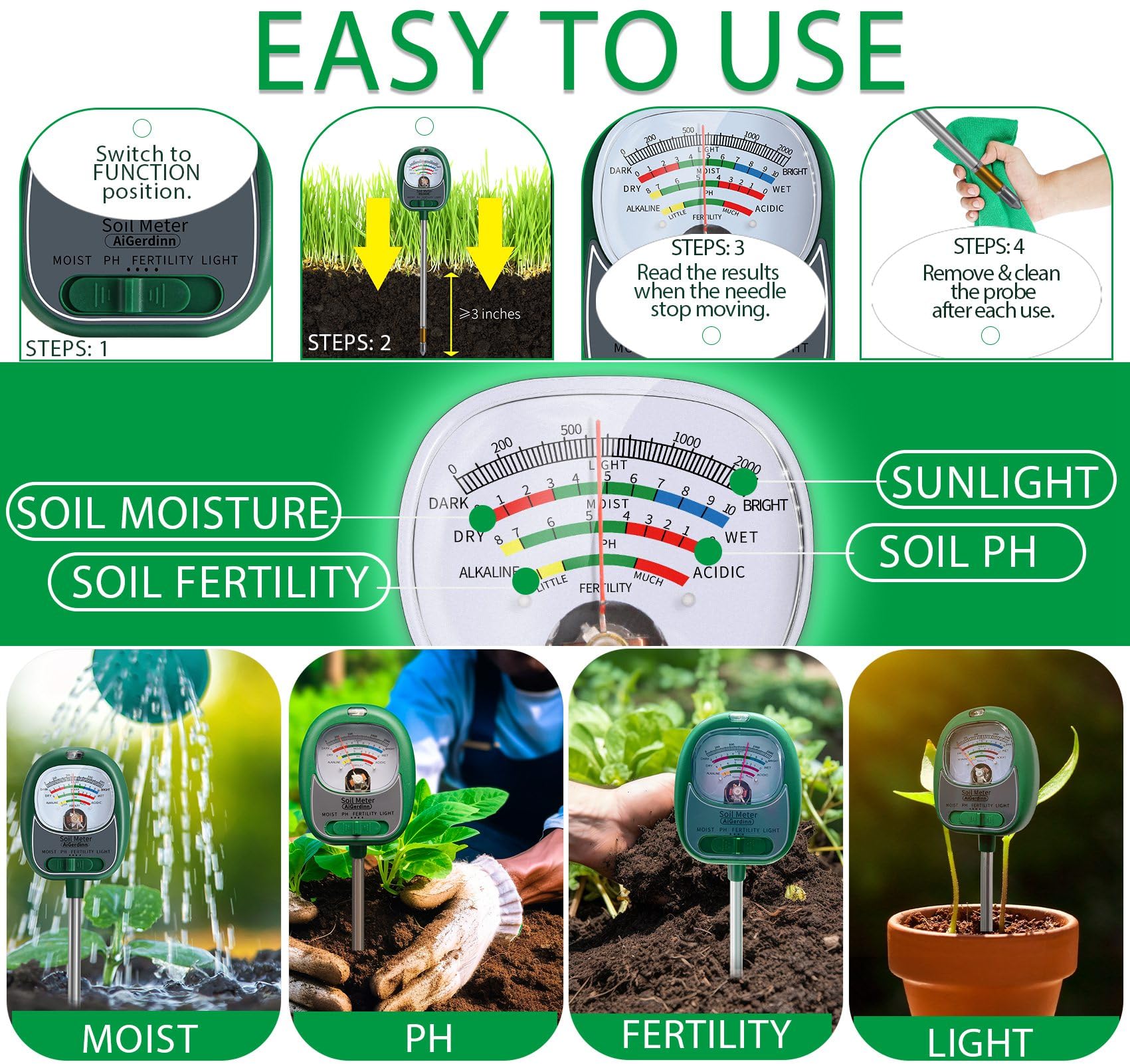 AiGerdinn Soil Test Kit, Soil Moisture Meter/Light/Fertility/Soil PH Meter for Gardening, No Need Battery Soil Tester for Indoor&Outdoor Garden,Farm,Lawn -GrassGreen