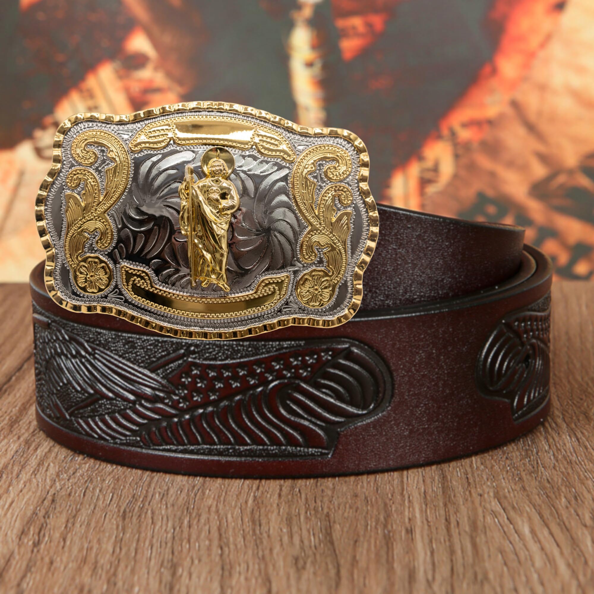 WMG Western St Jude Belt Buckle Gold Silver Saint Jude San Judas Cowboy Buckle Hebilla Vaquero Rodeo