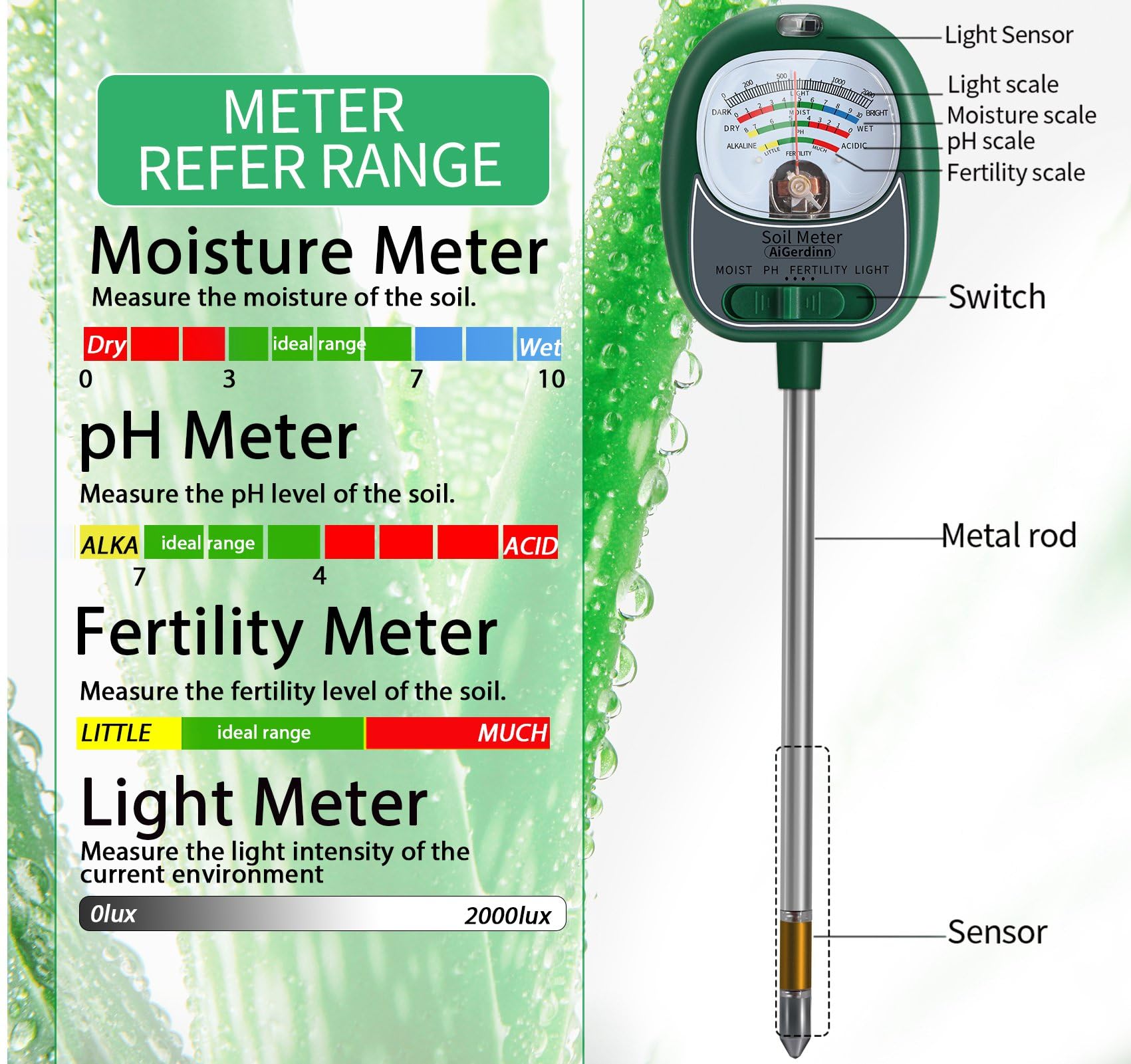 AiGerdinn Soil Test Kit, Soil Moisture Meter/Light/Fertility/Soil PH Meter for Gardening, No Need Battery Soil Tester for Indoor&Outdoor Garden,Farm,Lawn -GrassGreen