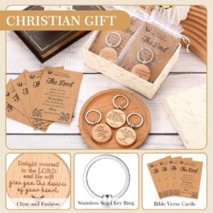 Siifert 50 Sets Christian Gifts Set Include Wooden Bible Verse Keychain Inspirational Scripture Cards with Bible Verses and White Organza Bags for Men Women Office School Church Supplies (Round)