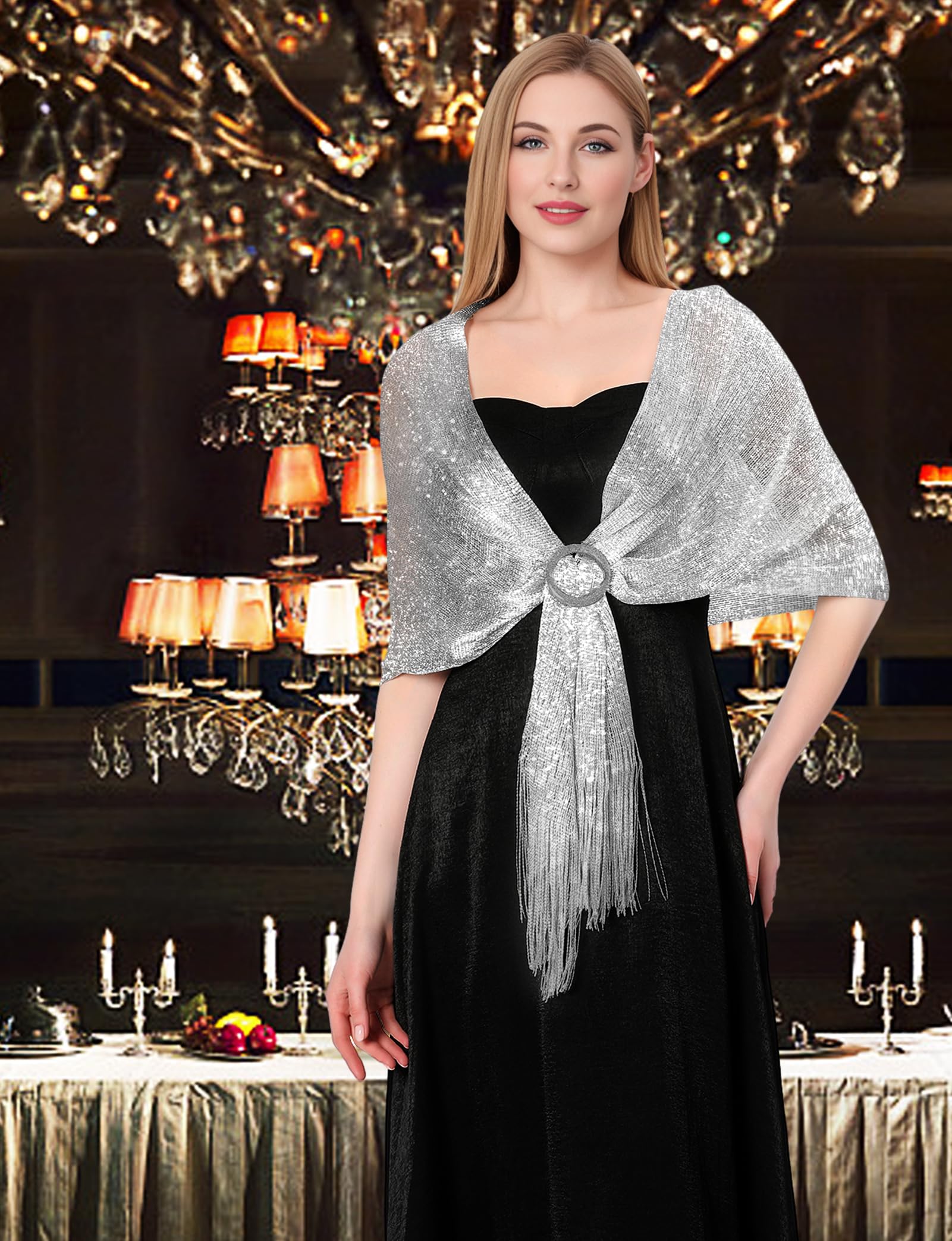 ZENUTA Shawls and Wraps for Evening Dresses, Womens Shawls and Wraps, Dressy Shawls and Wraps for Evening Wear (A. Silver (With Silver Buckle))