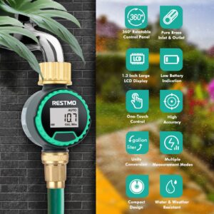 RESTMO Water Flow Meter with 360° Rotatable Control Panel, Brass Inlet & Outlet, Measure Gallon/Liter Consumption and Flow Rate for Garden Hose Nozzle Watering, RV Water Tank Filling, Lawn Sprinkler