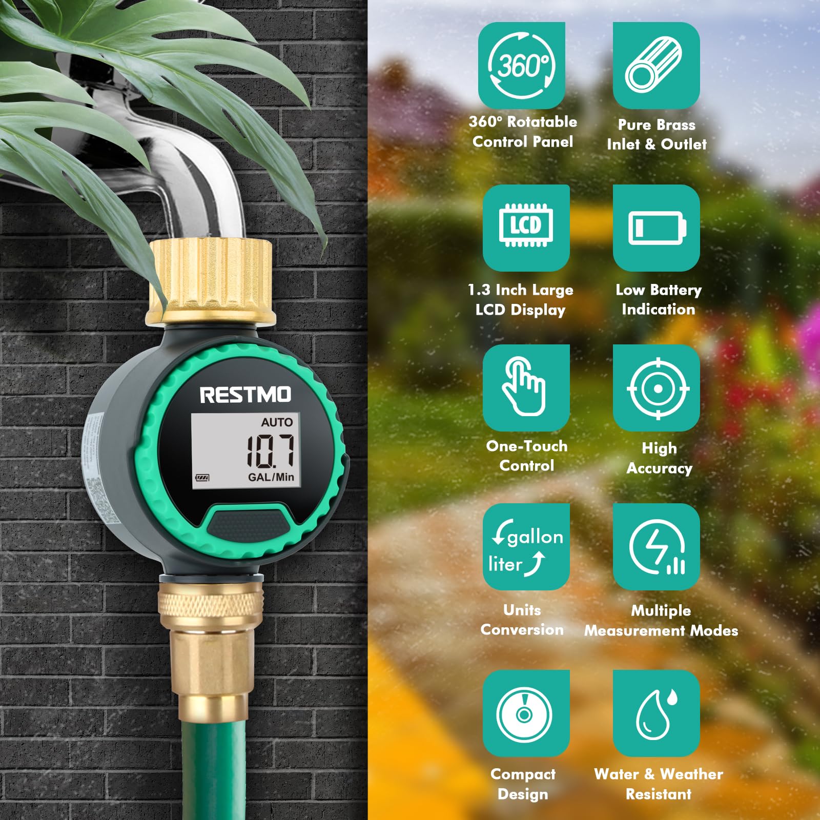 RESTMO Water Flow Meter with 360° Rotatable Control Panel, Brass Inlet & Outlet, Measure Gallon/Liter Consumption and Flow Rate for Garden Hose Nozzle Watering, RV Water Tank Filling, Lawn Sprinkler