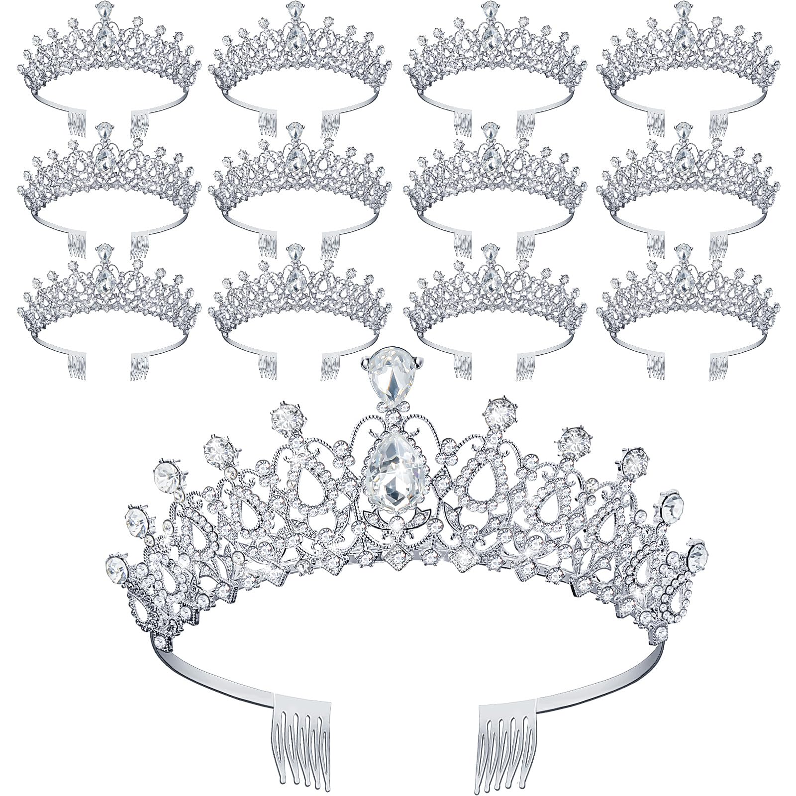 Loetere 12 Pcs Crystal Tiara and Princess Crown with Comb Crown Rhinestone Women Tiara Headpiece Queen Hair Accessories for Birthday Party Wedding Prom Halloween Cosplay Costume(Silver)