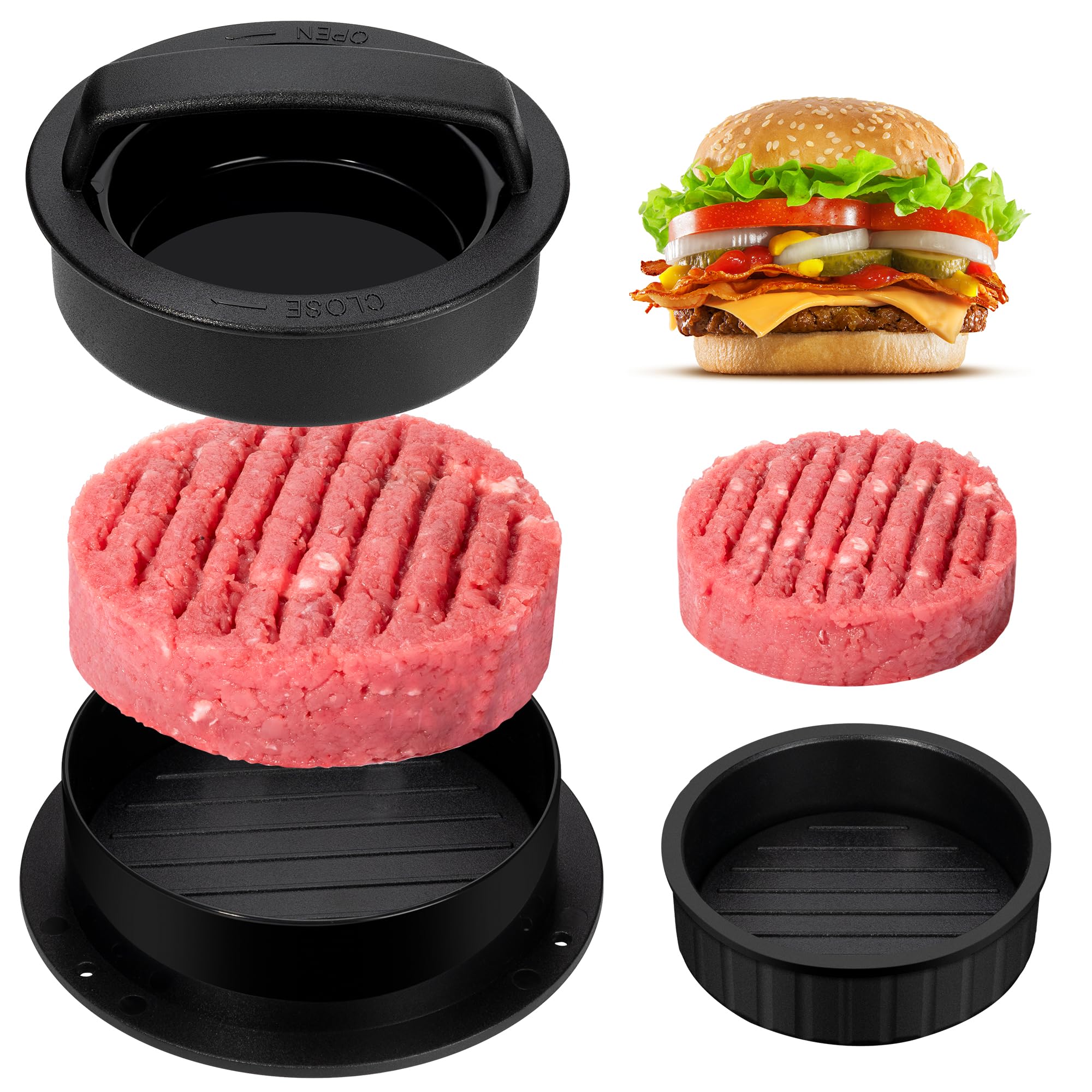 Rainspire Hamburger Press Patty Maker, 3 in 1 Non-Stick Burger Press Patty Maker, Hamburger Patty Maker, Burger Patty Maker, Patty Press for Stuffed Burgers, Sliders, Beef Burger, Black