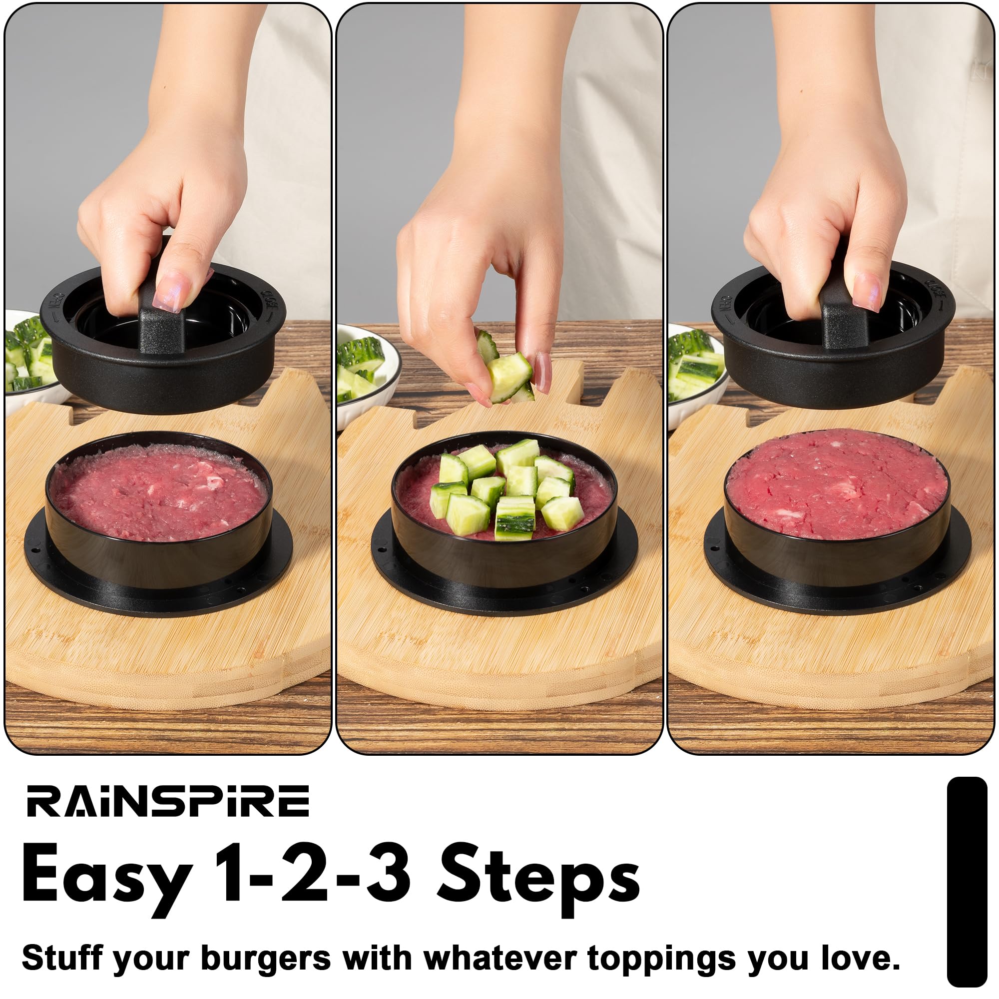 Rainspire Hamburger Press Patty Maker, 3 in 1 Non-Stick Burger Press Patty Maker, Hamburger Patty Maker, Burger Patty Maker, Patty Press for Stuffed Burgers, Sliders, Beef Burger, Black