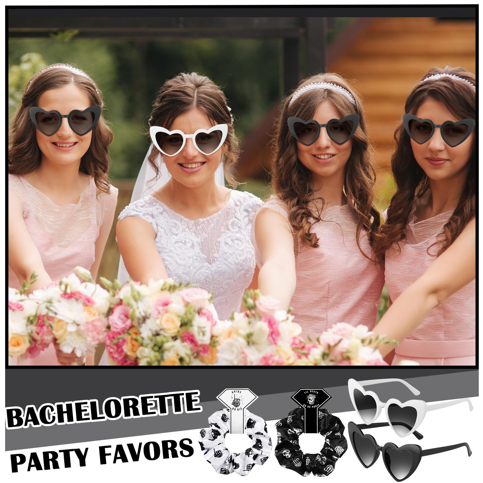 Domensi 12 Pcs Bride or Die Gothic Satin Bridesmaid Scrunchies of 12 Bachelorette Sunglasses Til Death Do Us Party Bachelorette Hair Ties Set Wedding Sunglasses for Bridal Proposal Gifts, Black White