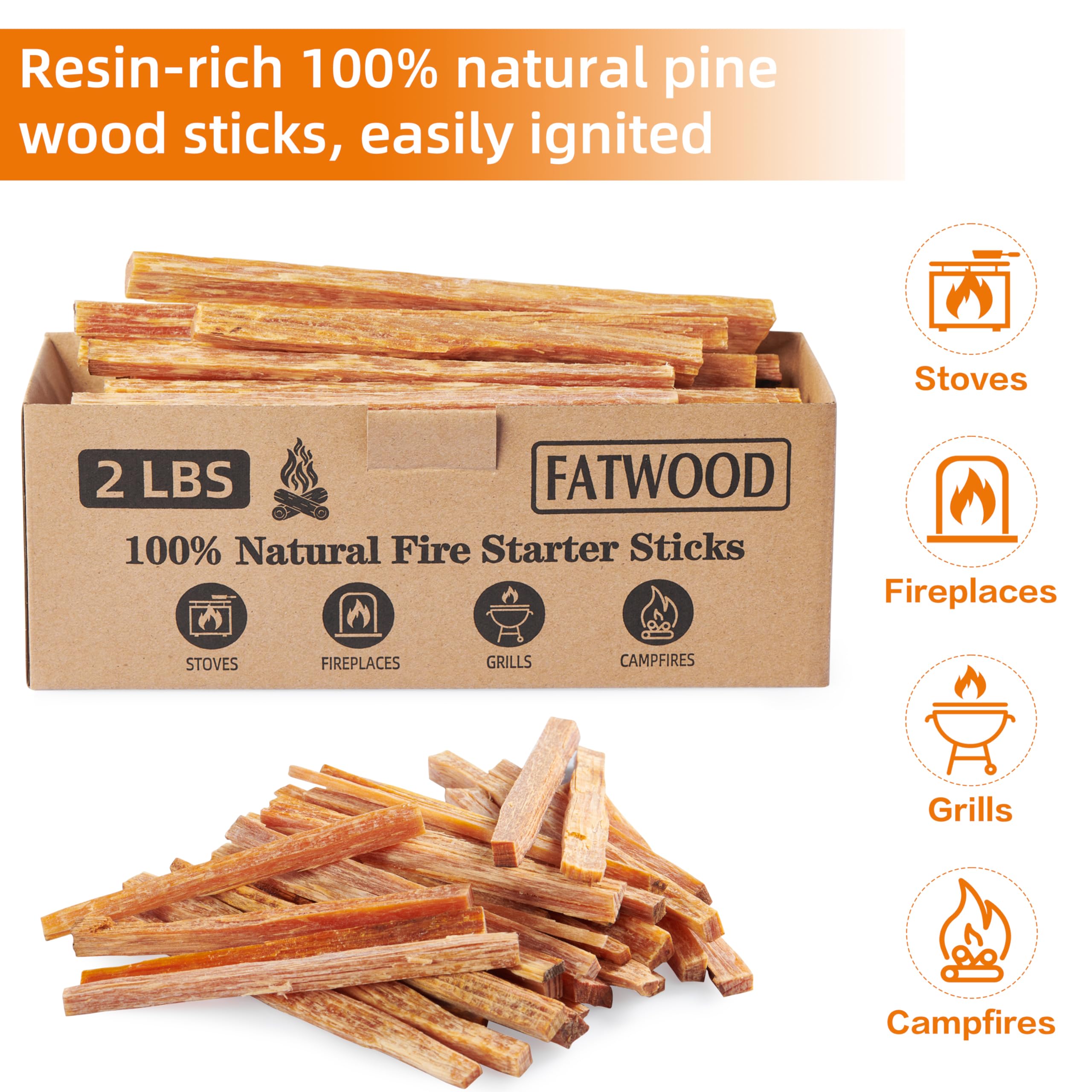 2 lbs Fatwood Fire Starter Sticks, 100% Natural Kindling Firewood Firestarter for Stoves, Pine Wood for Fireplaces, Campfires, Bonfires, Grill