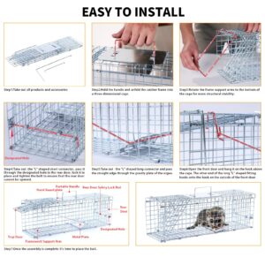 24" Live Animal Trap, Humane Animal Trap for Stray Cats up to 5.5 pounds, Raccoons, Squirrels, Skunks, Moles, Marmots, Armadillos, Rabbits, Steel Folding with Pedal Trigger