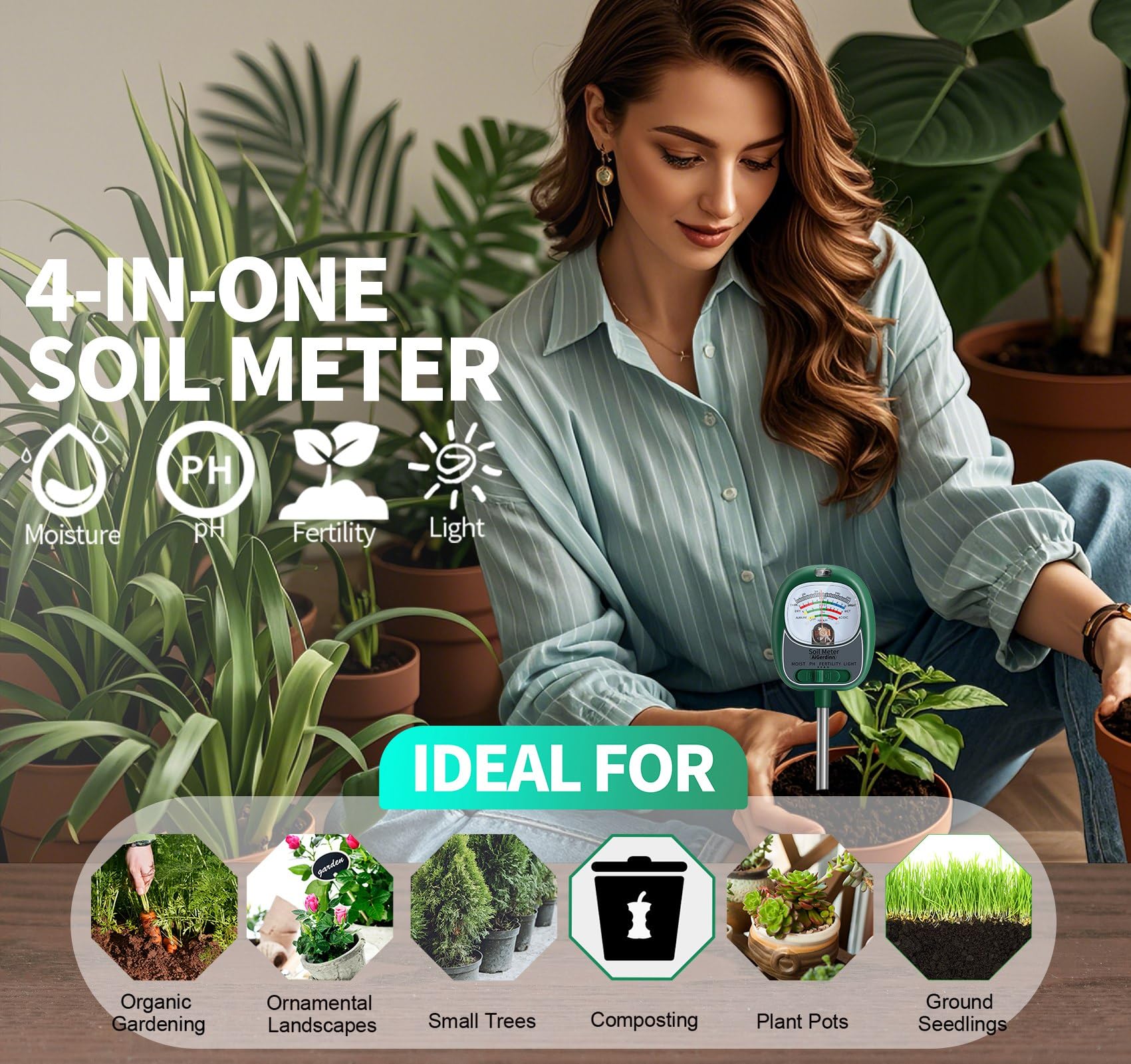 AiGerdinn Soil Test Kit, Soil Moisture Meter/Light/Fertility/Soil PH Meter for Gardening, No Need Battery Soil Tester for Indoor&Outdoor Garden,Farm,Lawn -GrassGreen