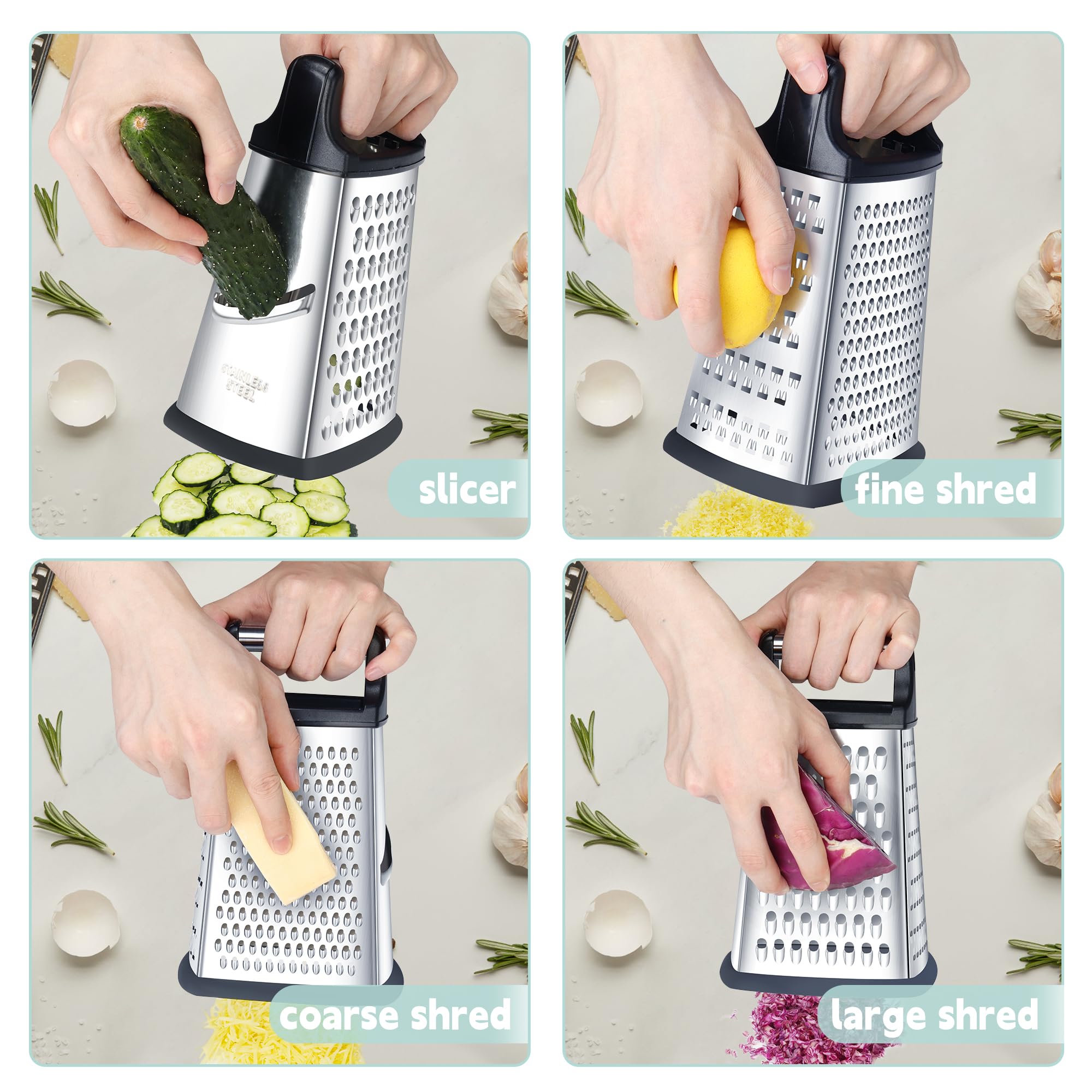 Kaishun Professional Cheese Grater, XL Size 4-Sided Stainless Steel Box Grater, Food Shredder for Cheese, Parmesan, Vegetable, Dishwasher Safe, Black