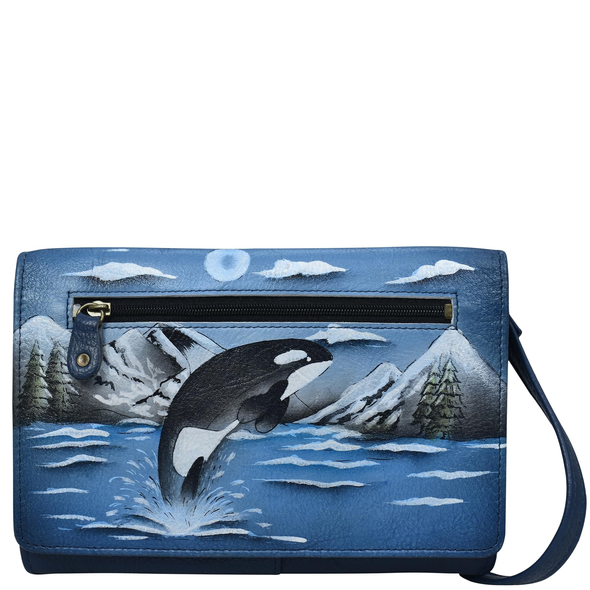 Anna by Anuschka Hand Painted Women’s Genuine Leather Organizer Wallet On a String-Leaping Orca