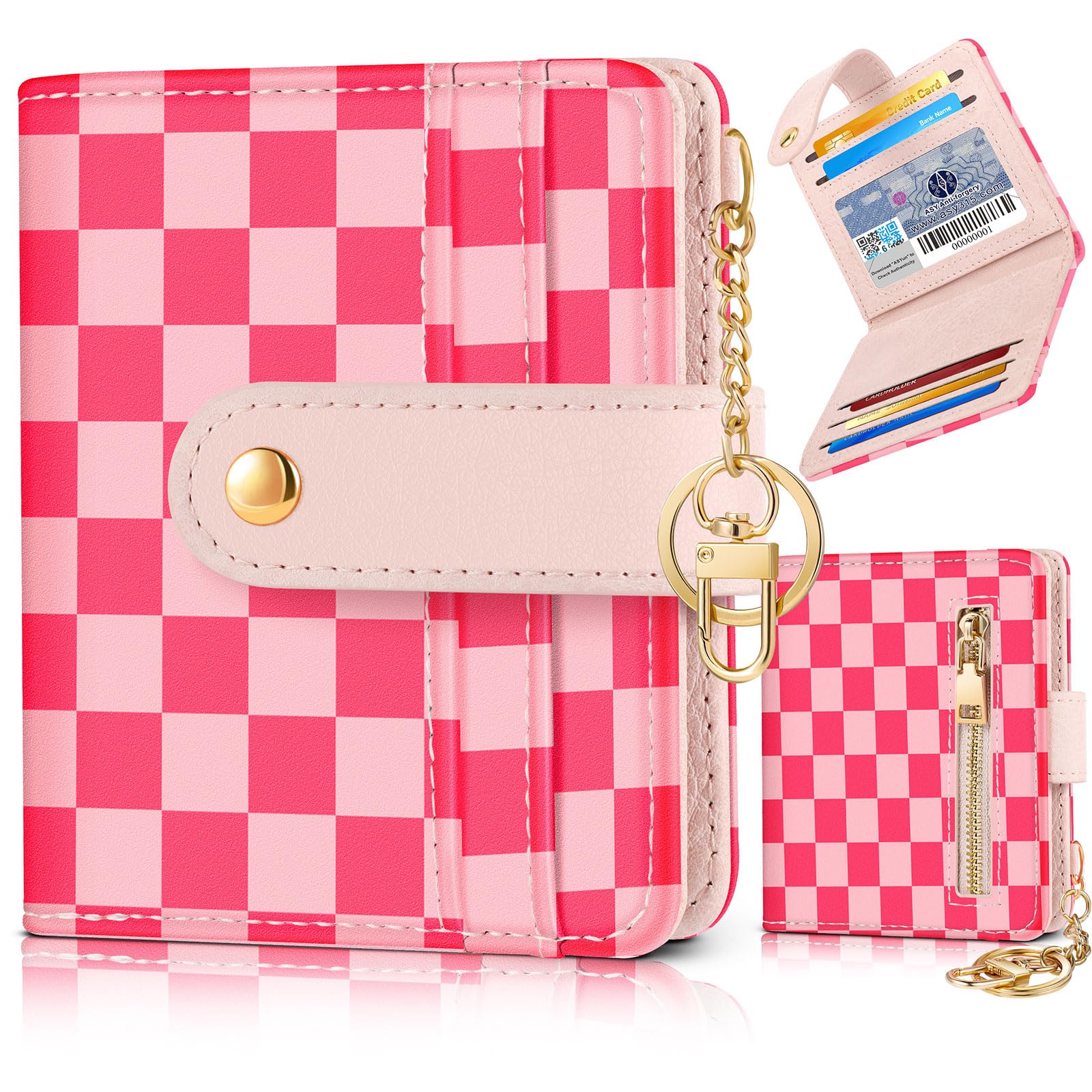 Bistup Wallet for Women Cute Bifold Small Card Wallet Rfid with Keychain for Ladies Teen Girls Female Medium Girly Aesthetic Thin Slim Checkered Plaid Unique Pretty Leather Credit Card Holder Purse