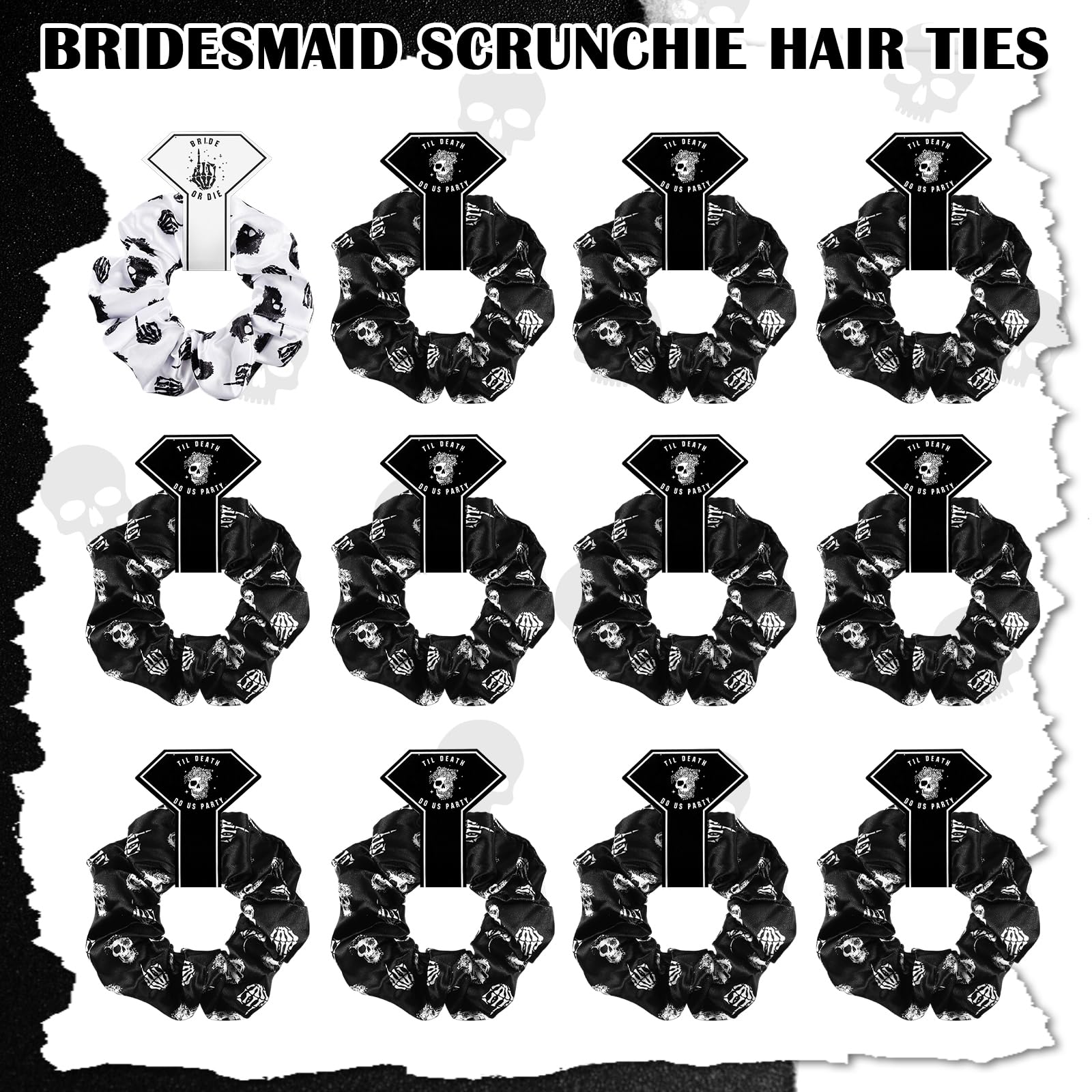 Domensi 12 Pcs Bride or Die Gothic Satin Bridesmaid Scrunchies of 12 Bachelorette Sunglasses Til Death Do Us Party Bachelorette Hair Ties Set Wedding Sunglasses for Bridal Proposal Gifts, Black White