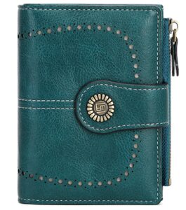 ylawost womens wallet small bifold leather pocket wallet large capacity rfid blocking card holder zipper coin purse with 16 card slots & 2 id window-peacock blue