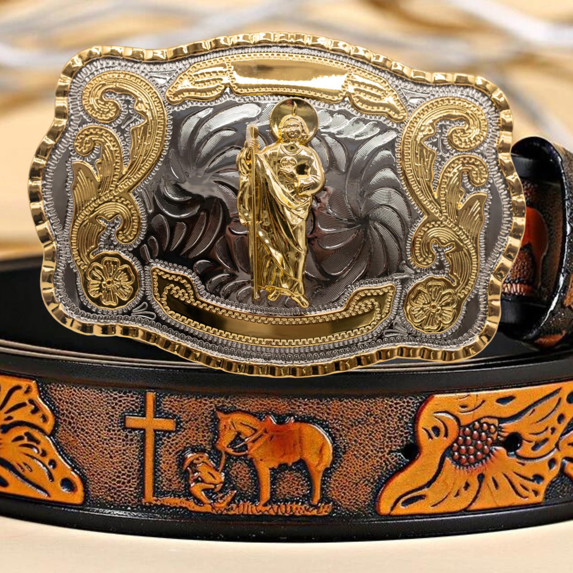 WMG Western St Jude Belt Buckle Gold Silver Saint Jude San Judas Cowboy Buckle Hebilla Vaquero Rodeo