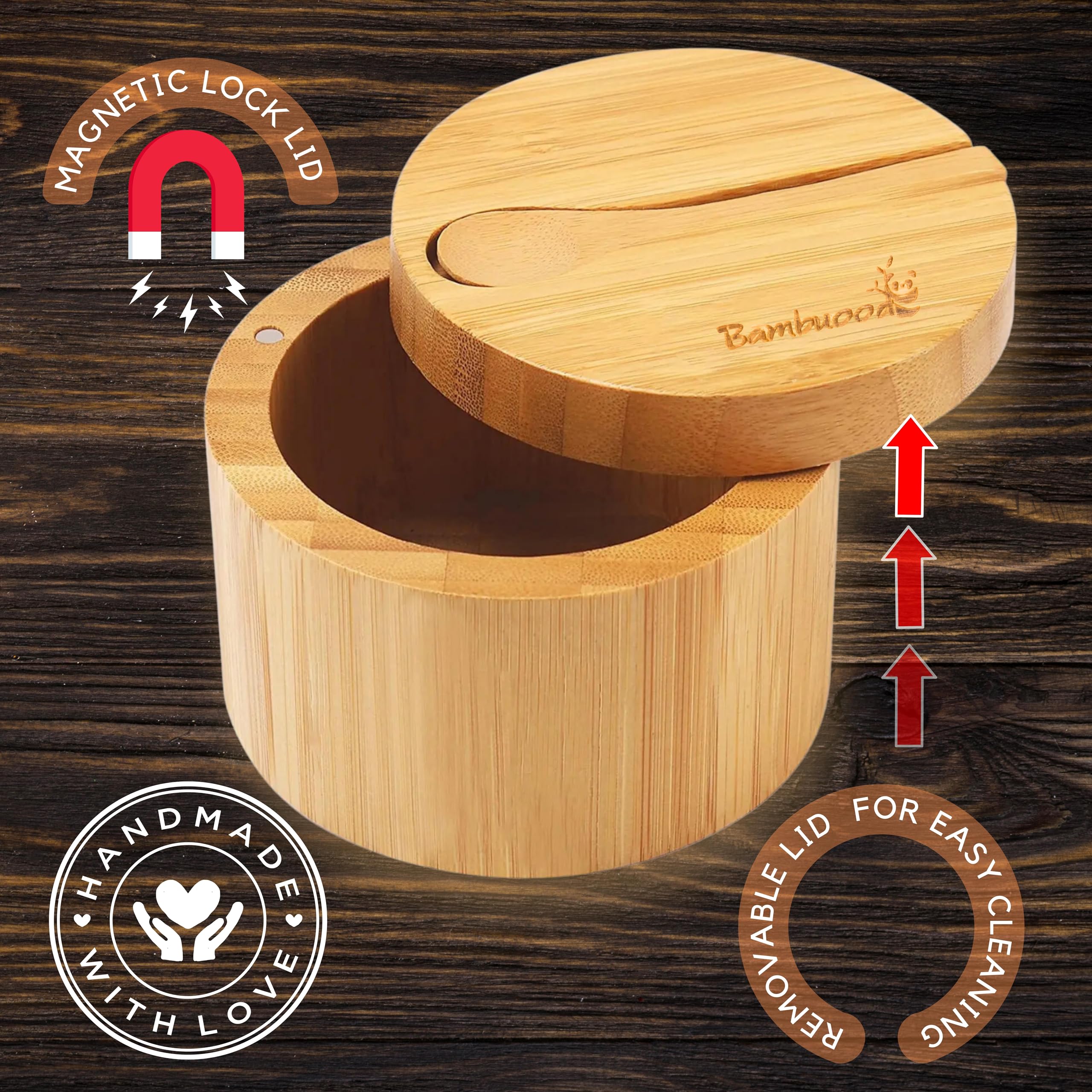 Bambuood Premium Bamboo Salt Cellar with Swivel Magnetic Lid - 100% Handmade, Elegant Salt & Spices Storage Box and Multi-Use Container with Mini Spoon.