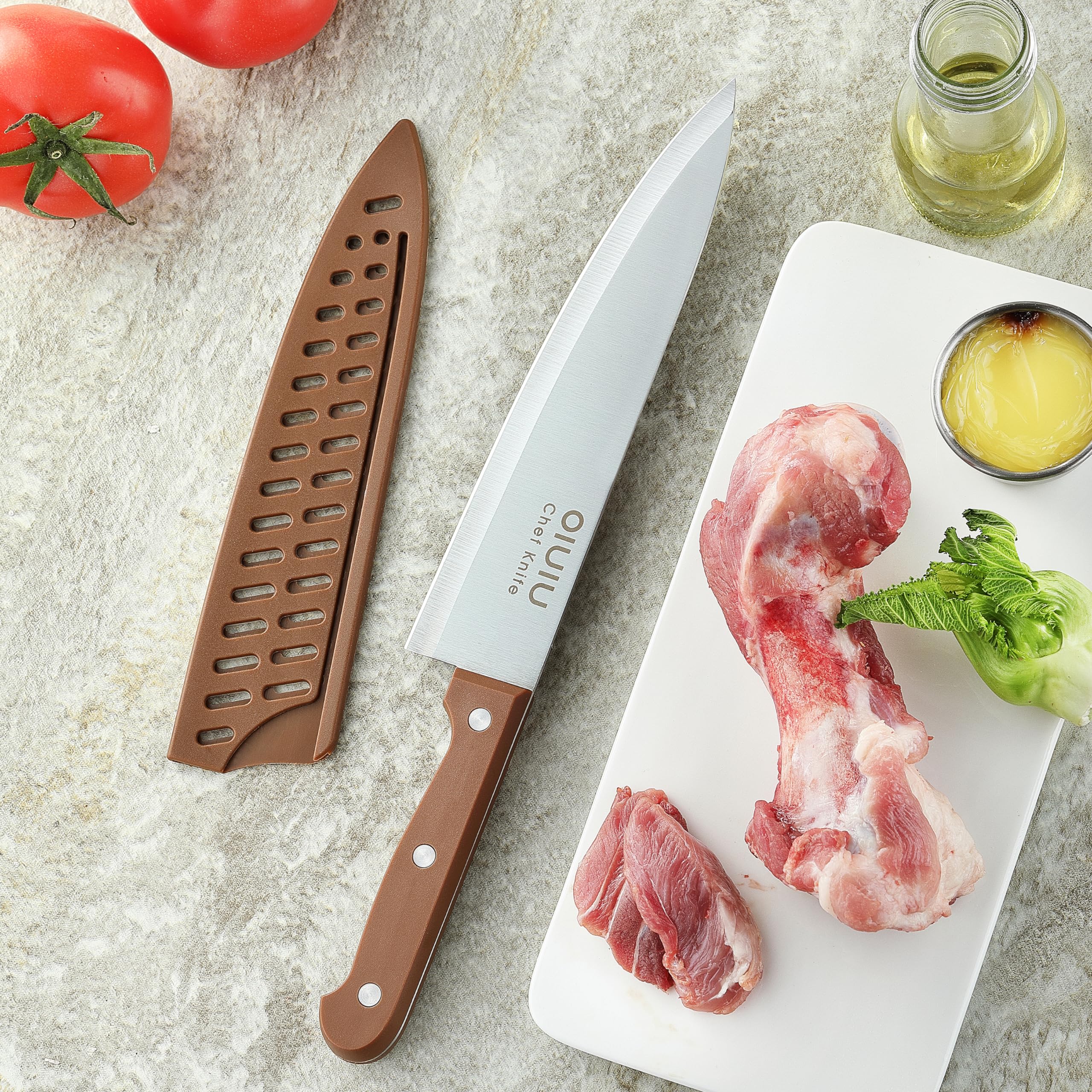 OLULU 8 inch Chef Knife, Razor Sharp Kitchen Knife with Protective Knife Sheath, Razor Sharp Slicing Knife with Ergonomic Handle, German Stainless Steel, Dishwasher Safe (Brown Color)