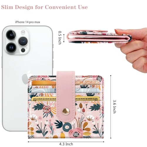 Slim Bifold Wallet RFID Credit Card Wallet Small Cute Card Holder for Women, Pink Flowers