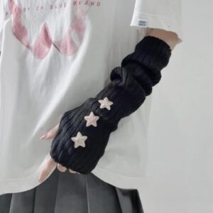 Y2K Women Teens Knitted Arm Warmers Japanese Harajuke Cosplay Lolita Cute Fingerless Mittens Thumb Hole Gloves (Black)