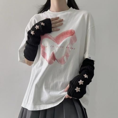 Y2K Women Teens Knitted Arm Warmers Japanese Harajuke Cosplay Lolita Cute Fingerless Mittens Thumb Hole Gloves (Black)