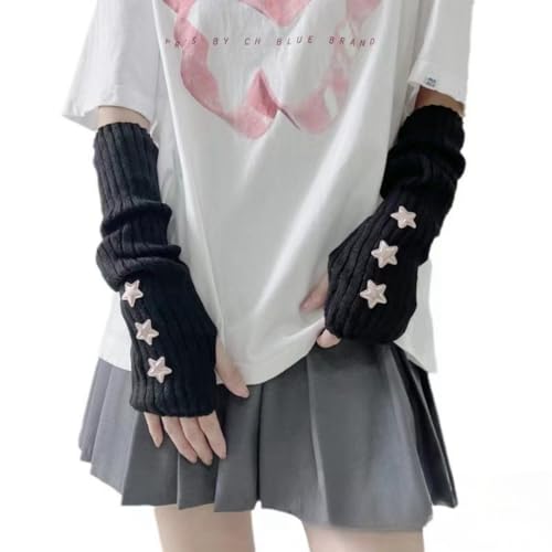 Y2K Women Teens Knitted Arm Warmers Japanese Harajuke Cosplay Lolita Cute Fingerless Mittens Thumb Hole Gloves (Black)