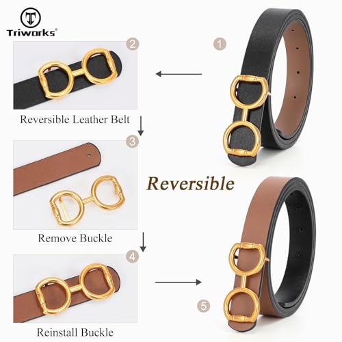 TRIWORKS Reversible Leather Belt for Women, Fashion Ladies Belt for Jeans Pants Dress Width:0.9", A-Black/Brown