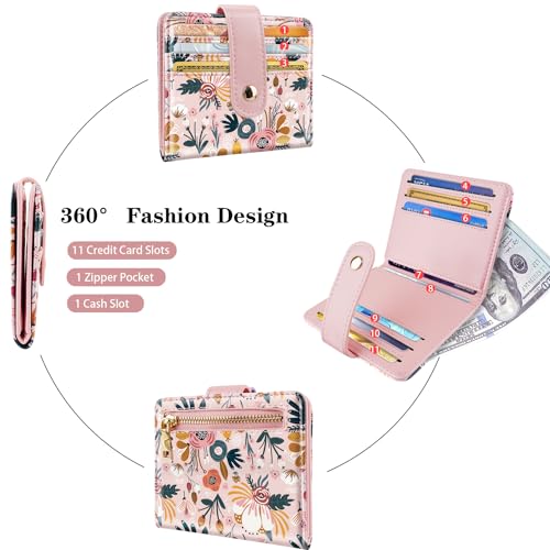 Slim Bifold Wallet RFID Credit Card Wallet Small Cute Card Holder for Women, Pink Flowers