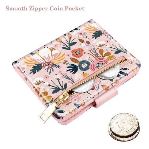 Slim Bifold Wallet RFID Credit Card Wallet Small Cute Card Holder for Women, Pink Flowers