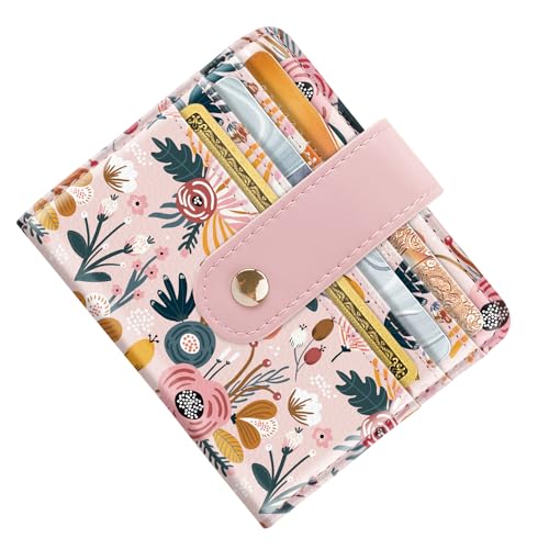 Slim Bifold Wallet RFID Credit Card Wallet Small Cute Card Holder for Women, Pink Flowers