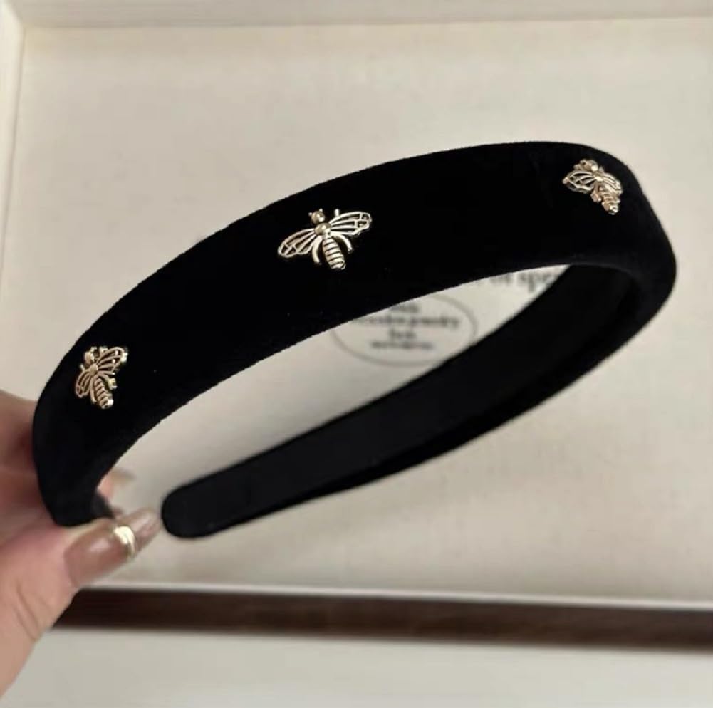 TERSE Black Velvet Headband with White Pearl Accents - Cute Vintage Designer Hair Accessory for Women's Holiday Fashion