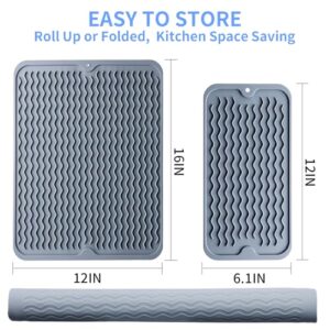 Silicone Dish Drying Mat - 2 Packs of Non-Slip Silicone Mat Easy Clean Drying Mat Large Heat-Resistant Dish Drainer Mat for Kitchen Counter, Sink, Refrigerator or Drawer Liner(16"x12", 12''x 6'' GREY)