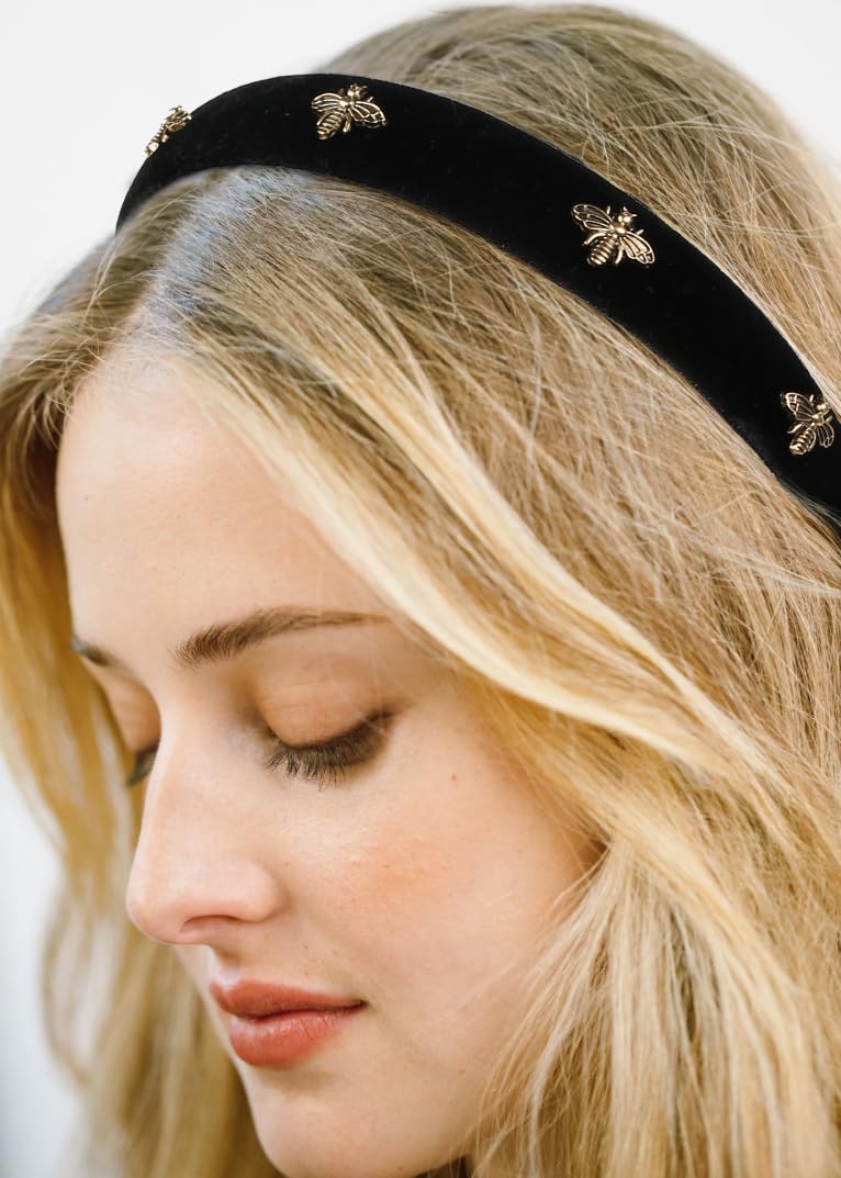 TERSE Black Velvet Headband with White Pearl Accents - Cute Vintage Designer Hair Accessory for Women's Holiday Fashion