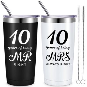 Cunhill 2 Pcs Wedding Anniversary Coffee Mug Being Mr/Mrs Always Right Present Set Anniversary Presents for Couple 20 oz Mug Tumbler with Lids for Grandparents Parents (10th Tumbler)